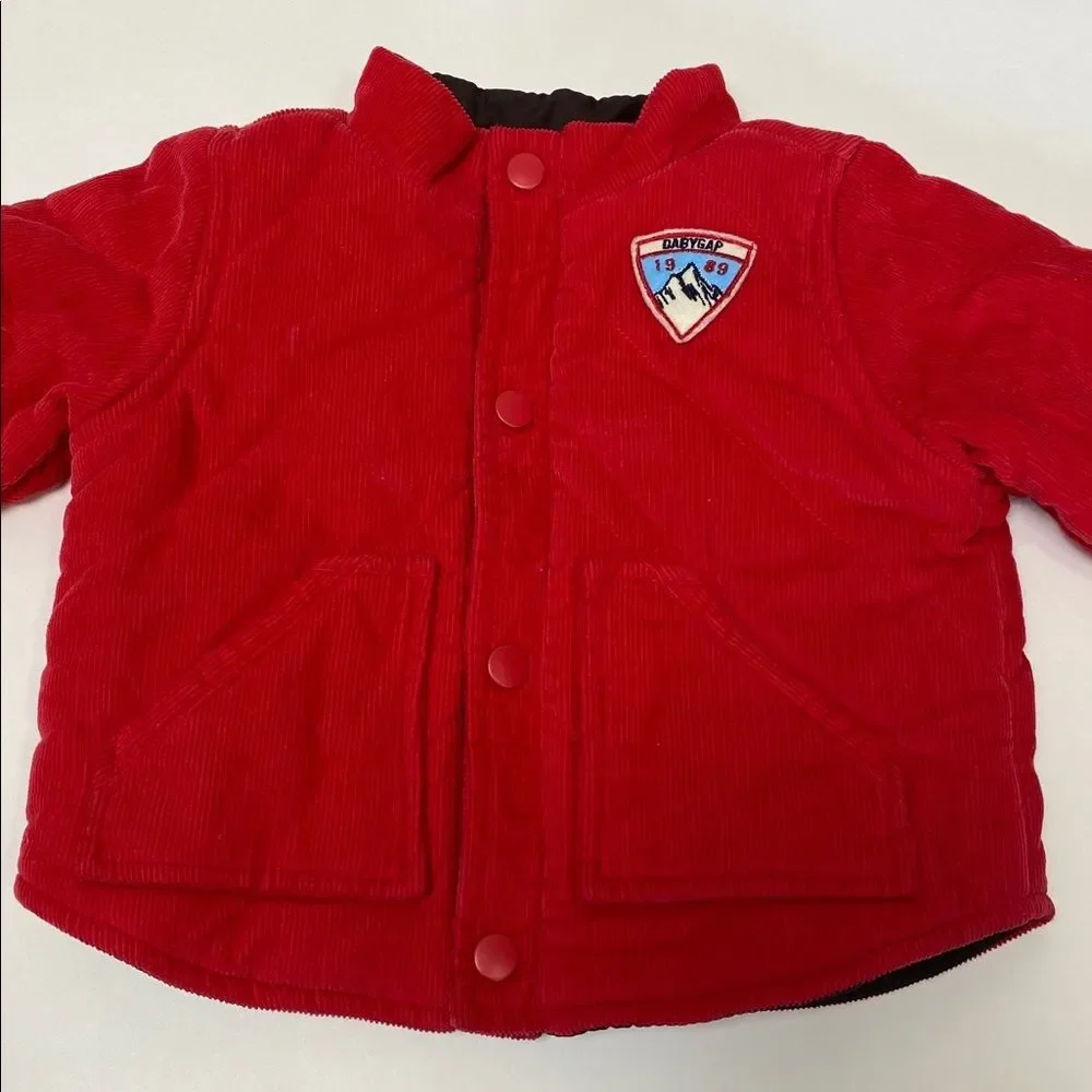 Baby GAP Reversible Jacket Infant 0-3 Months Red Corduroy Brown Bear Chore Coat